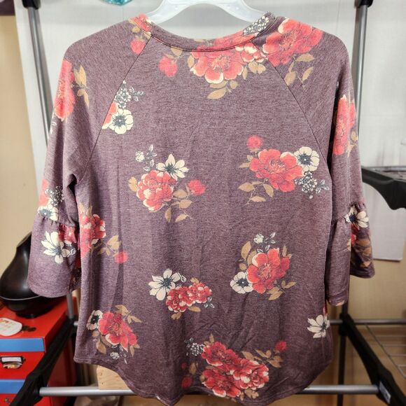 AGB 1/4 Sleeve Brown Pull Over Flower Blouse Brown Lg. - Picture 2 of 3